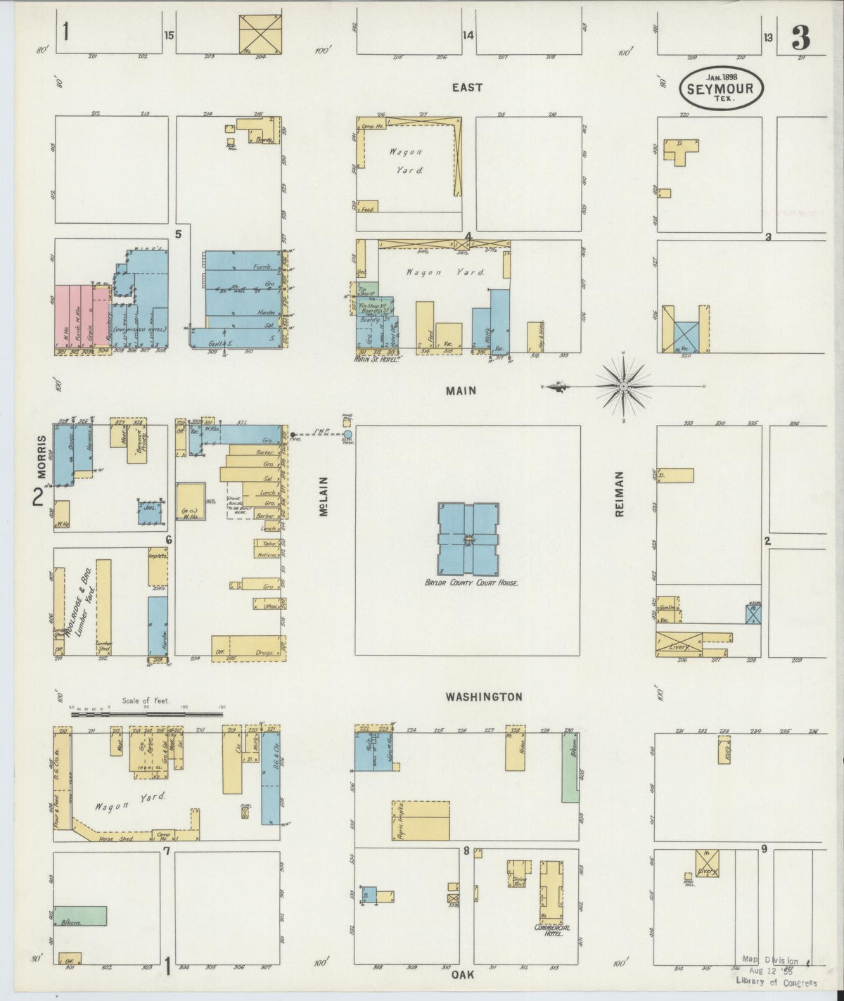 Sanborn Fire Insurance Map from Seymour, Baylor County, Texas (1898), Sheet #0003 - Complete Map Set gallery image, historic Sanborn map, vintage wall art, Texas Texas