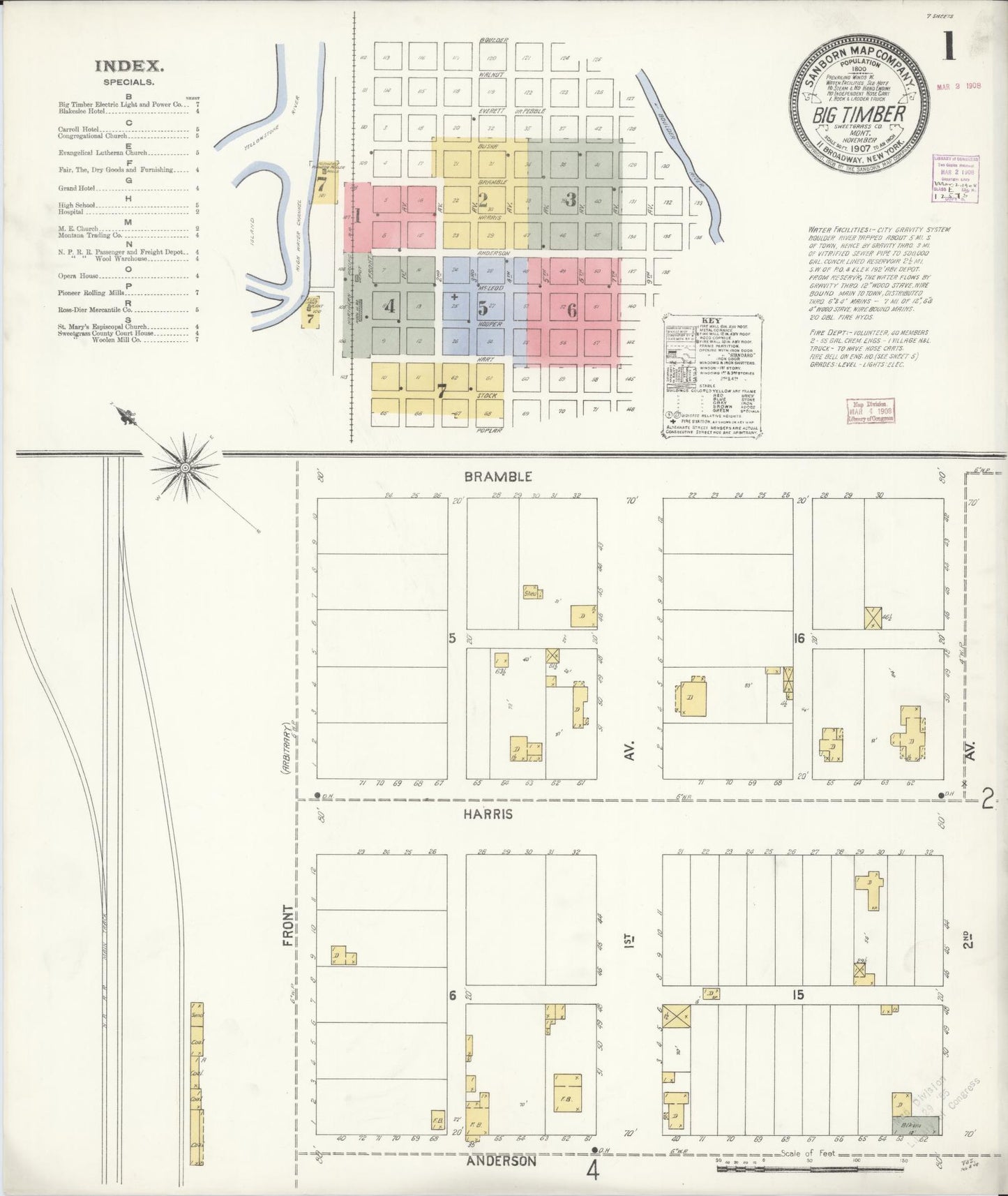 Sanborn Fire Insurance Map from Big Timber, Sweet Grass County, Montana (1907), Sheet #0001 - Complete Map Set gallery image, historic Sanborn map, vintage wall art, Montana Montana