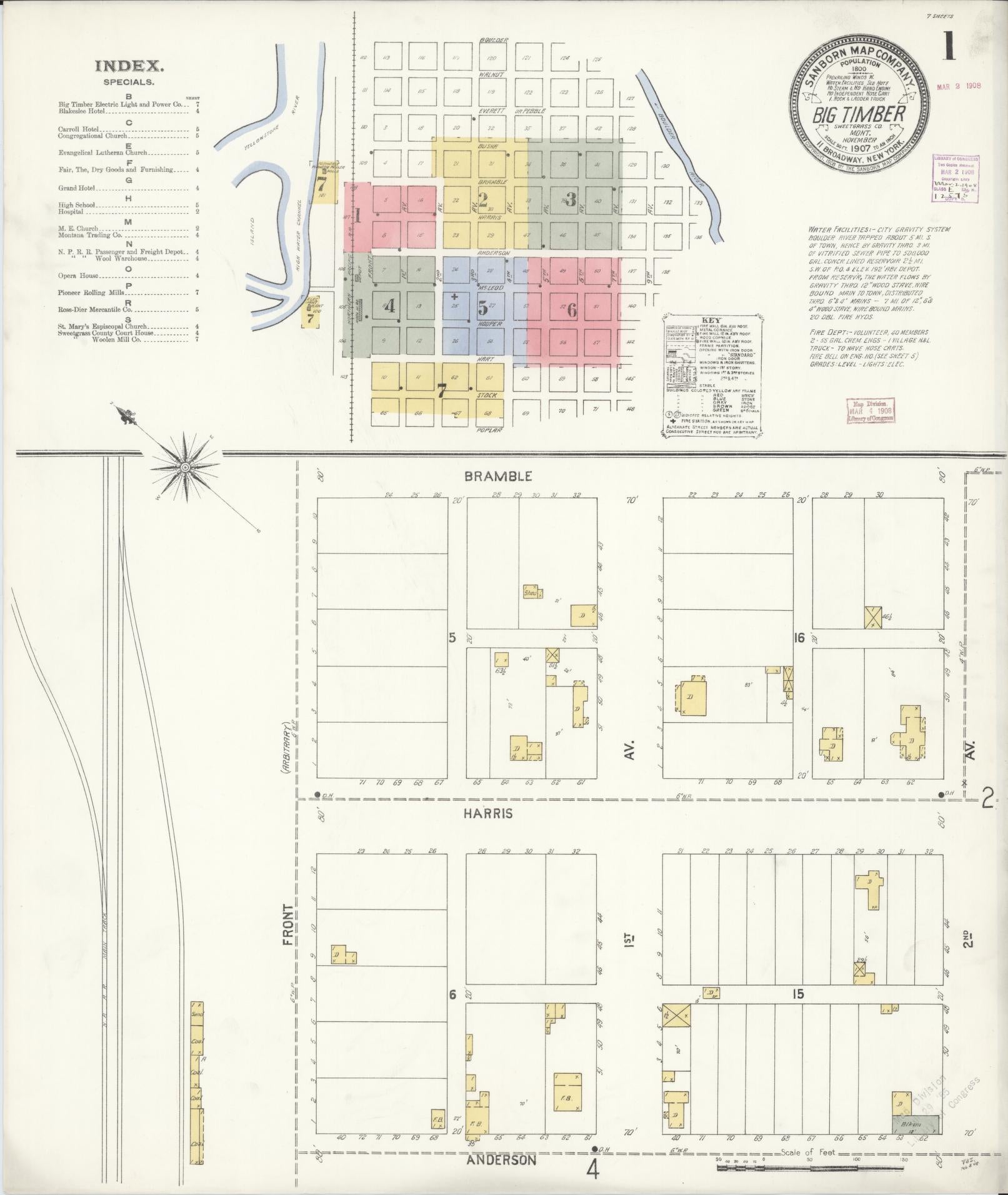 Sanborn Fire Insurance Map from Big Timber, Sweet Grass County, Montana (1907), Sheet #0001 - Complete Map Set gallery image, historic Sanborn map, vintage wall art, Montana Montana