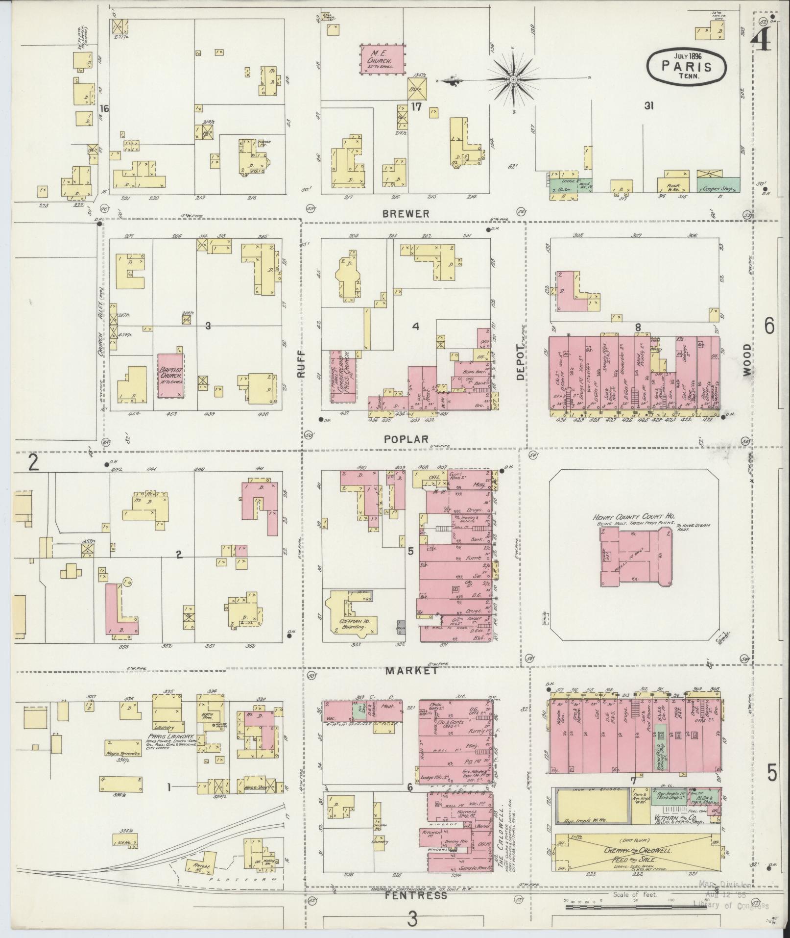 Sanborn Fire Insurance Map from Paris, Henry County, Tennessee (1896), Sheet #0004 - Complete Map Set gallery image, historic Sanborn map, vintage wall art, Tennessee Tennessee