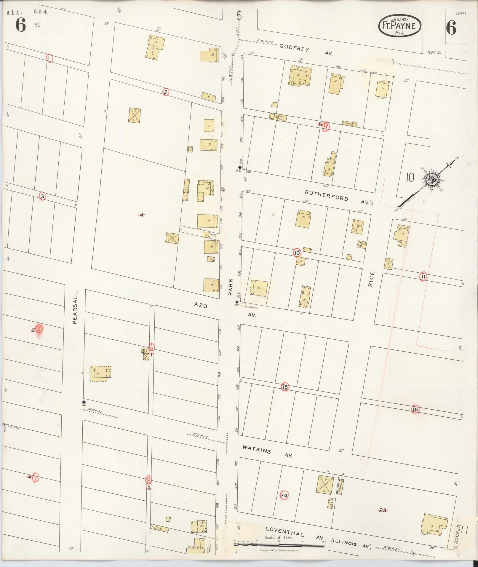 Sanborn Fire Insurance Map from Fort Payne, Dekalb County, Alabama (1935), Sheet #0006 - Historic Sanborn Fire Insurance Map Print, vintage old map wall art, antique decor, genealogy gift, Alabama Alabama map