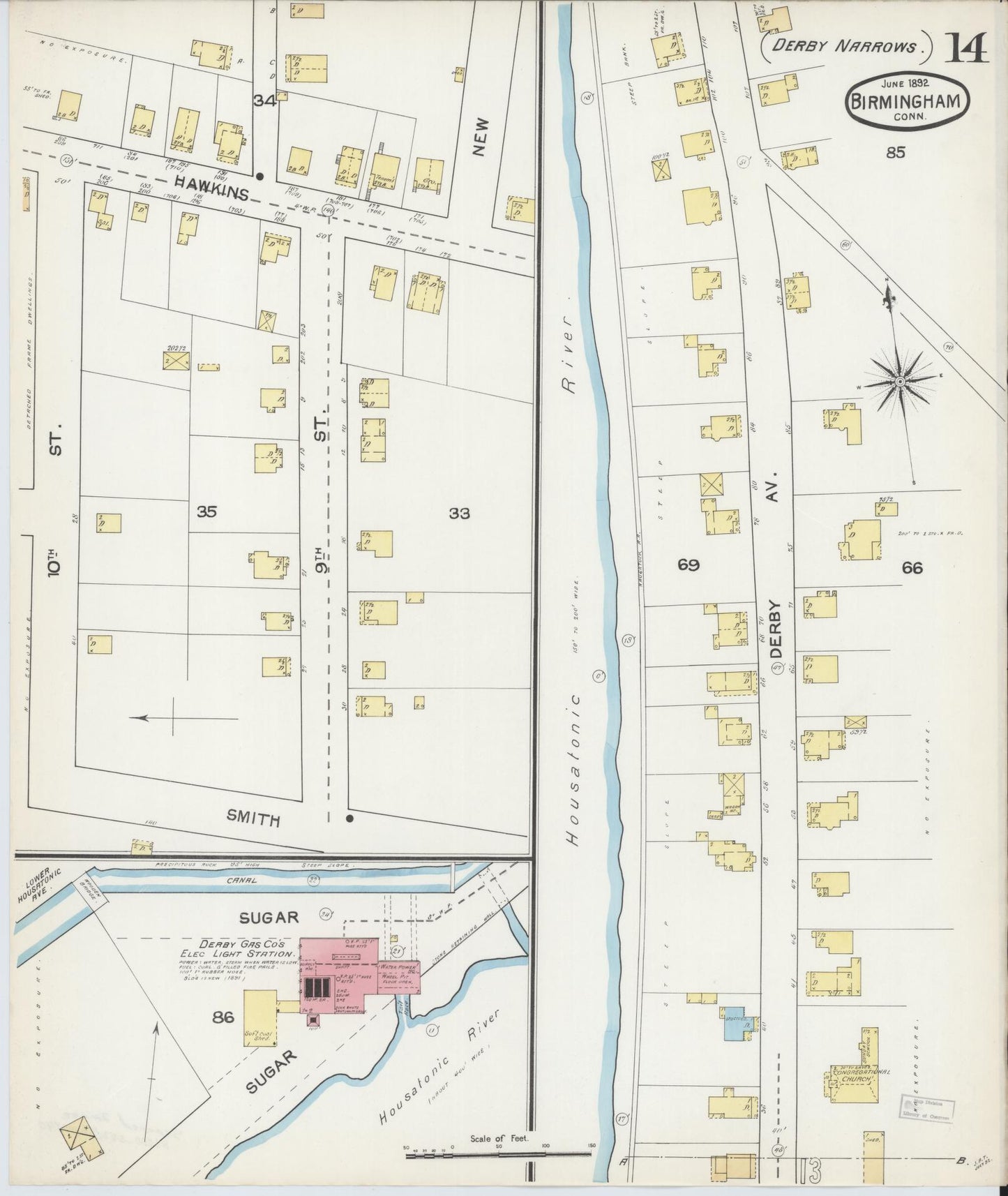 Sanborn Fire Insurance Map from Birmingham, New Haven County, Connecticut (1892), Sheet #0014 - Complete Map Set gallery image, historic Sanborn map, vintage wall art, Connecticut Connecticut