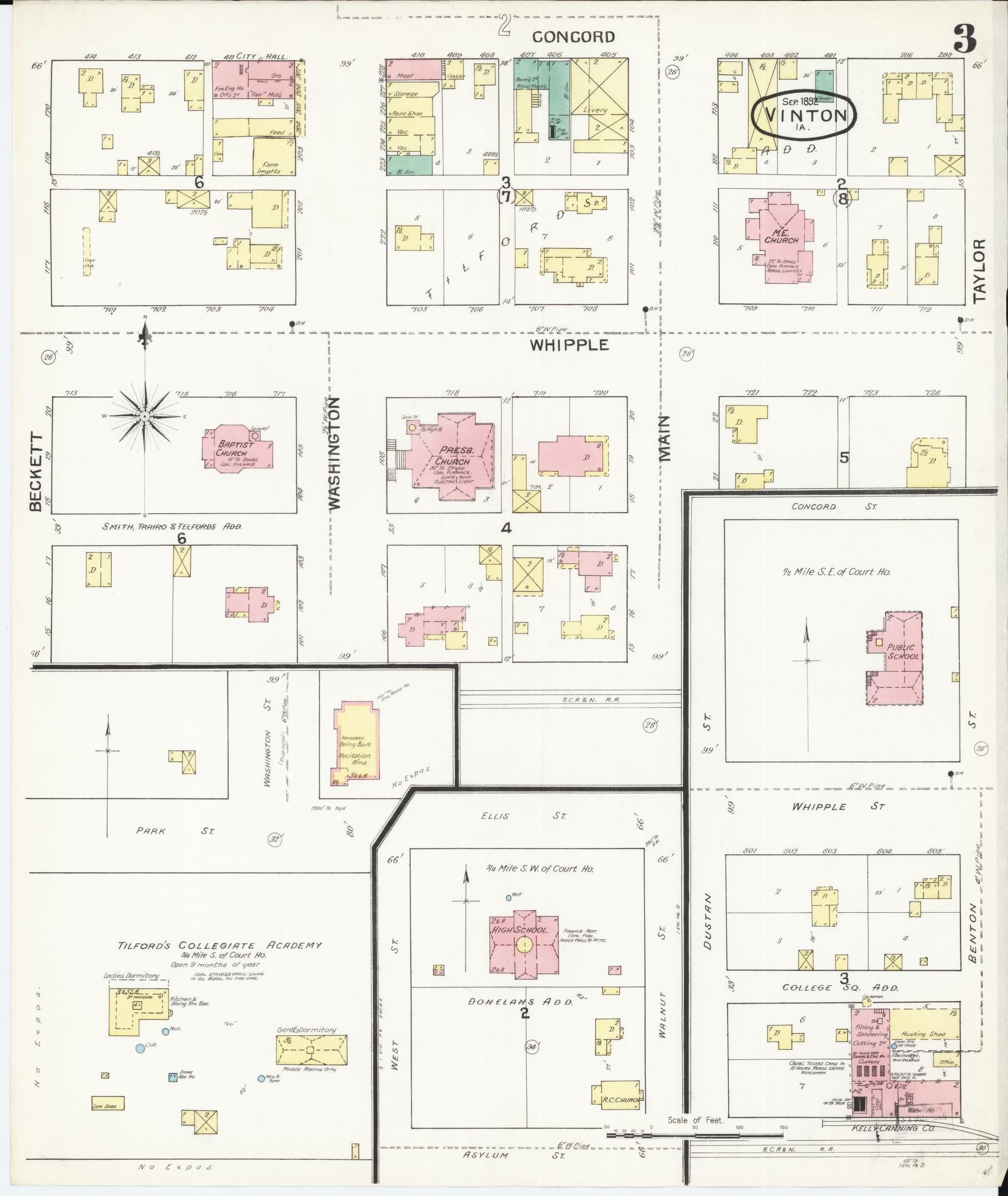 Sanborn Fire Insurance Map from Vinton, Benton County, Iowa (1892), Sheet #0003 - Historic Sanborn Fire Insurance Map Print, vintage old map wall art