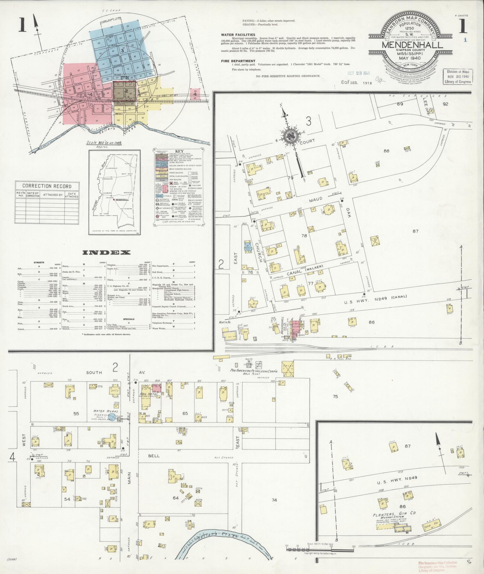 Sanborn Fire Insurance Map from Mendenhall, Simpson County, Mississippi (1940), Sheet #0001 - Complete Map Set gallery image, historic Sanborn map, vintage wall art, Mississippi Mississippi
