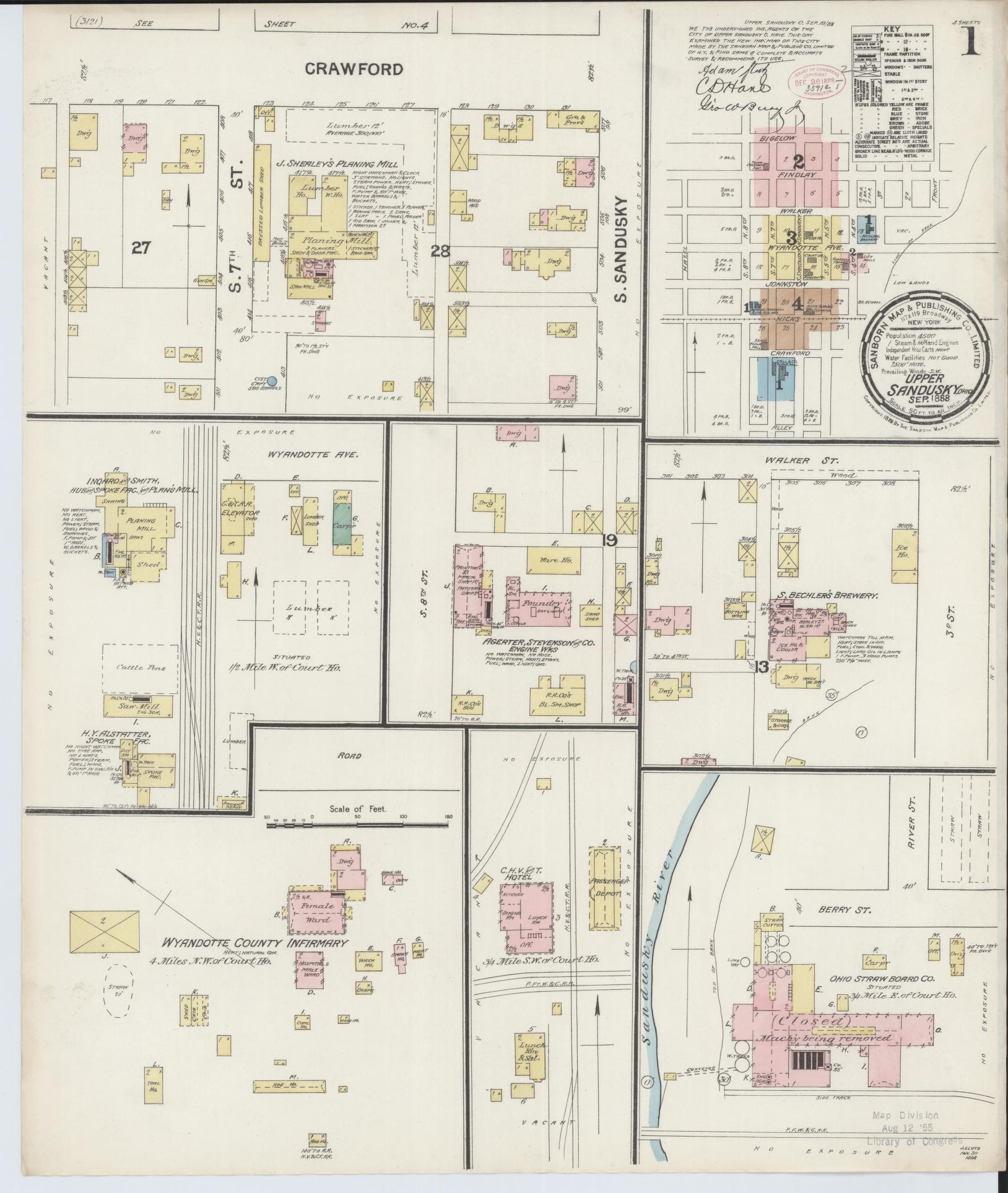 Sanborn Fire Insurance Map from Upper Sandusky, Wyandot County, Ohio (1888), Sheet #0001 - Historic Sanborn Fire Insurance Map Print, vintage old map wall art, antique decor, genealogy gift, Ohio Ohio map