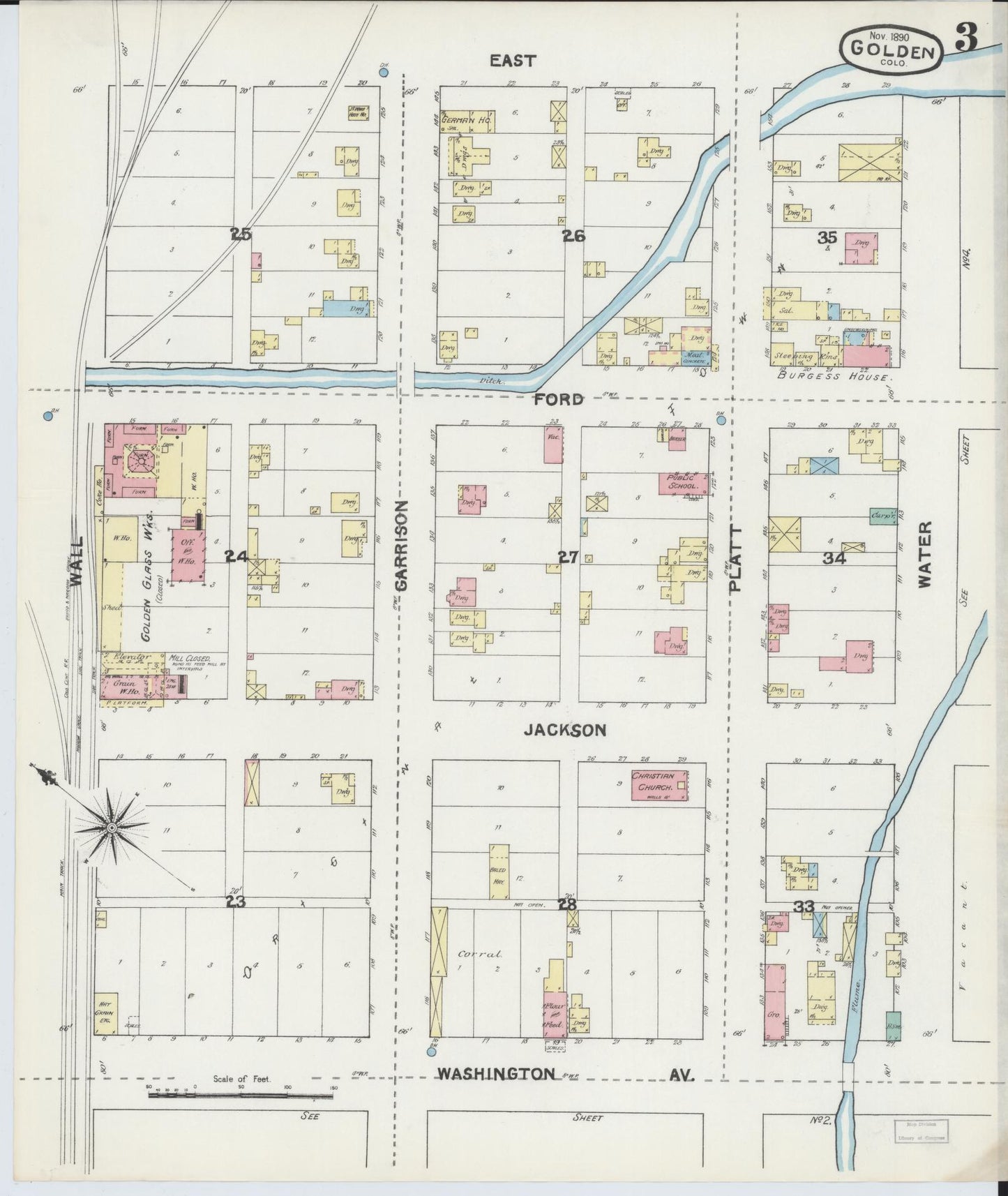 Sanborn Fire Insurance Map from Golden, Jefferson County, Colorado (1890), Sheet #0003 - Historic Sanborn Fire Insurance Map Print, vintage old map wall art, antique decor, genealogy gift, Colorado Colorado map