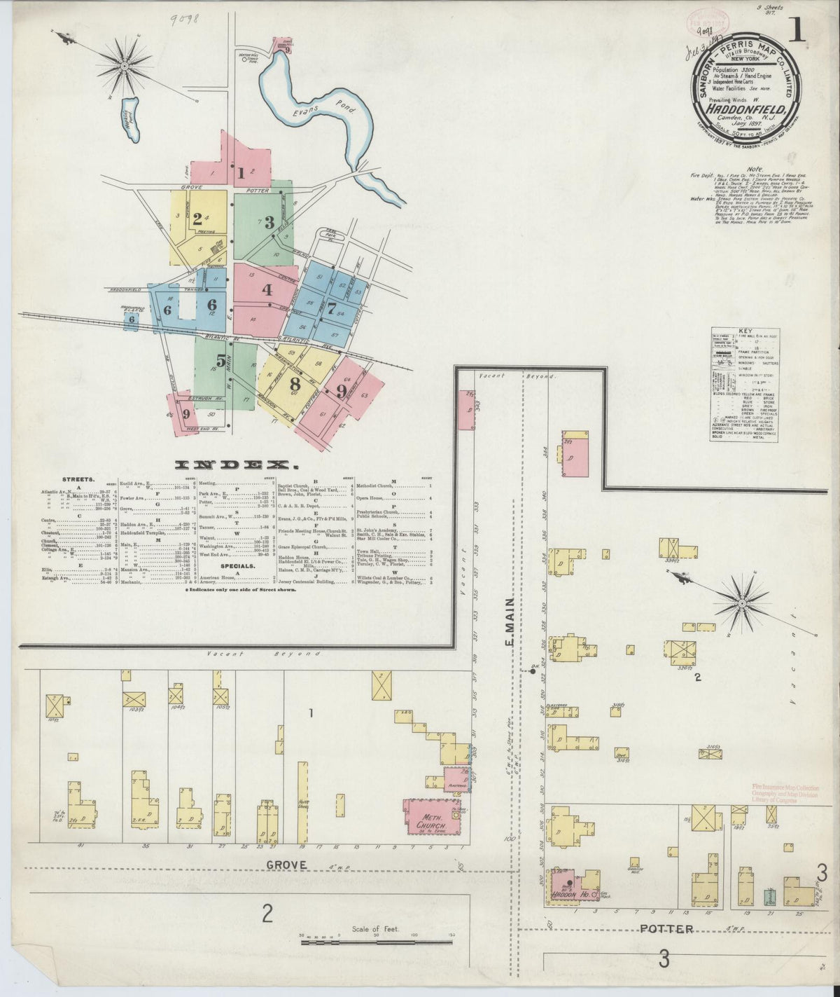 Sanborn Fire Insurance Map from Haddonfield, Camden County, New Jersey (1897), Sheet #0001 - Historic Sanborn Fire Insurance Map Print, vintage old map wall art, antique decor, genealogy gift, New Jersey New Jersey map