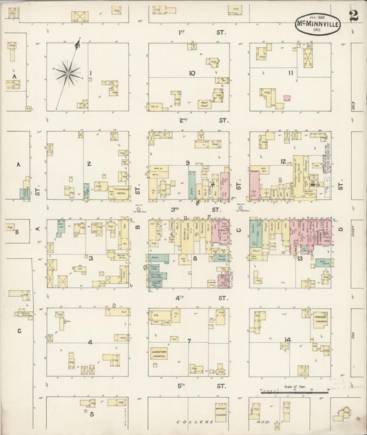 Sanborn Fire Insurance Map from McMinnville, Yamhill County, Oregon (1889), Sheet #0002 - Historic Sanborn Fire Insurance Map Print, vintage old map wall art, antique decor, genealogy gift, Oregon Oregon map
