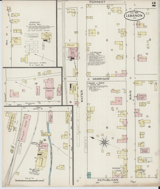 Sanborn Fire Insurance Map from Lebanon, Marion County, Kentucky (1886), Sheet #0002 - Historic Sanborn Fire Insurance Map Print, vintage old map wall art, antique decor, genealogy gift, Kentucky Kentucky map