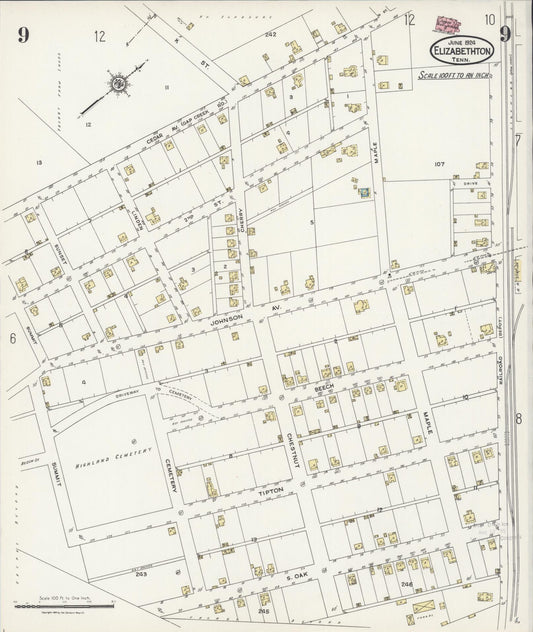 Sanborn Fire Insurance Map from Elizabethton, Carter County, Tennessee (1924), Sheet #0009 - Historic Sanborn Fire Insurance Map Print, vintage old map wall art, antique decor, genealogy gift, Tennessee Tennessee map
