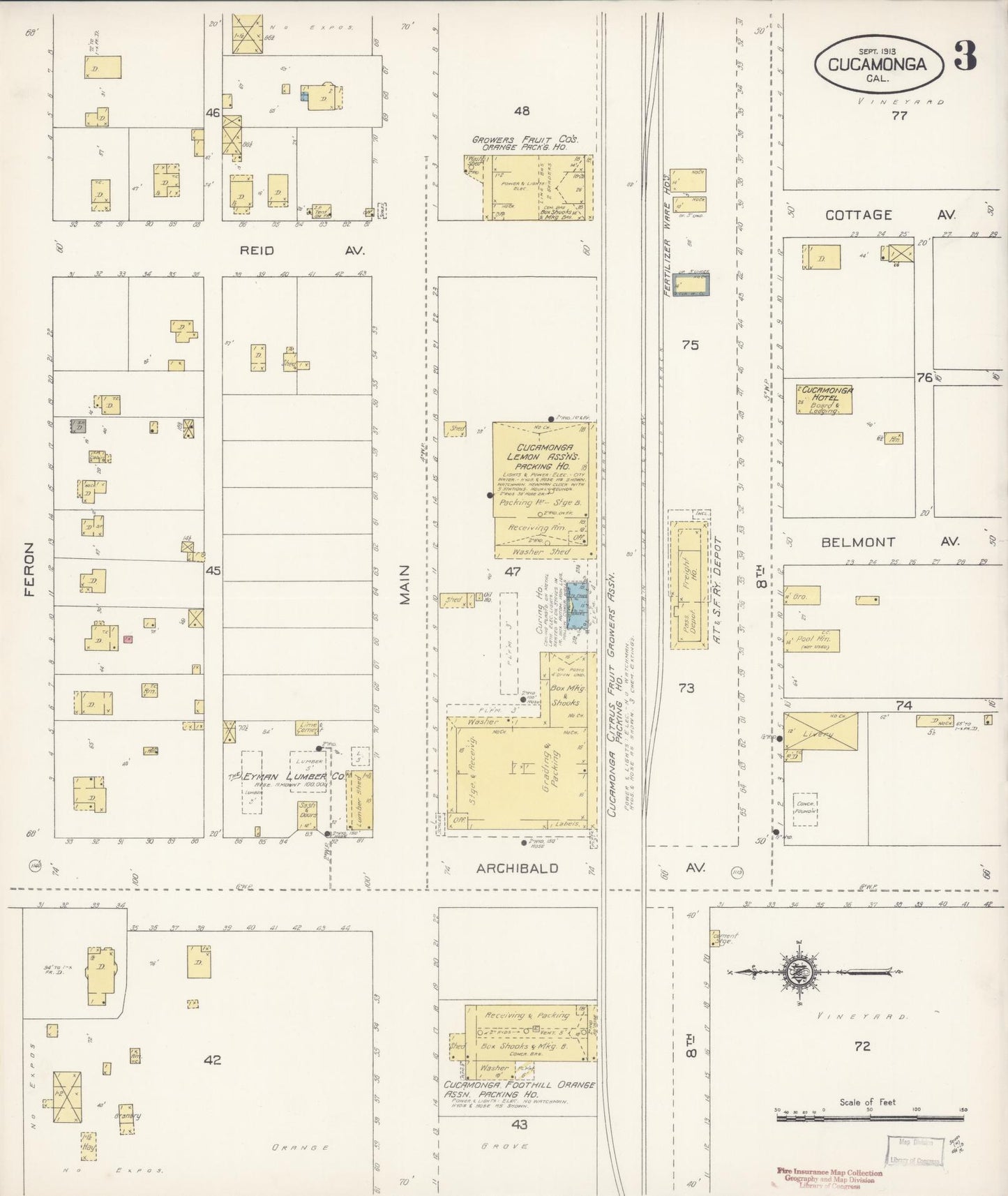 Sanborn Fire Insurance Map from Cucamonga, San Bernardino County, California (1913), Sheet #0003 - Complete Map Set gallery image, historic Sanborn map, vintage wall art, California California