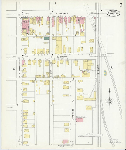 Sanborn Fire Insurance Map from Blairsville, Indiana County, Pennsylvania (1909), Sheet #0007 - Historic Sanborn Fire Insurance Map Print, vintage old map wall art, antique decor, genealogy gift, Pennsylvania Pennsylvania map