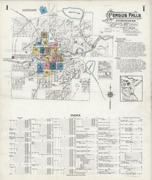 Sanborn Fire Insurance Map from Fergus Falls, Otter Tail County, Minnesota (1924), Sheet #0001 - Historic Sanborn Fire Insurance Map Print, vintage old map wall art, antique decor, genealogy gift, Minnesota Minnesota map
