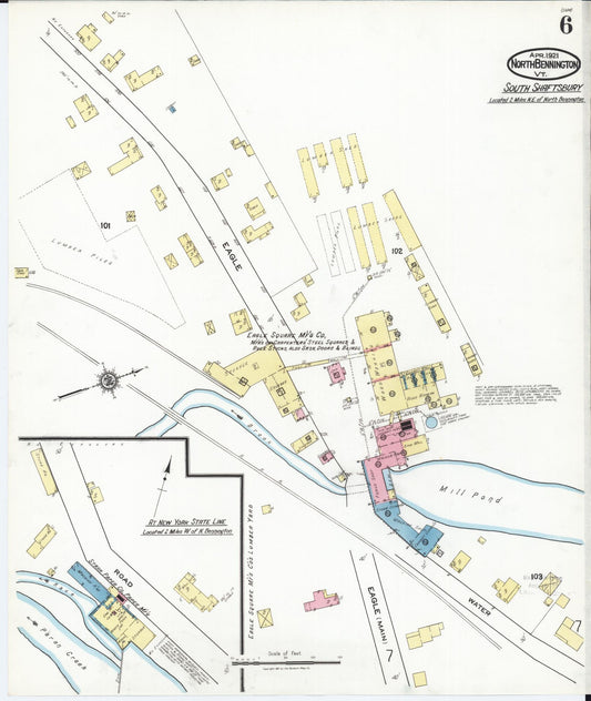 Sanborn Fire Insurance Map from North Bennington, Bennington County, Vermont (1921), Sheet #0006 - Historic Sanborn Fire Insurance Map Print, vintage old map wall art, antique decor, genealogy gift, Vermont Vermont map