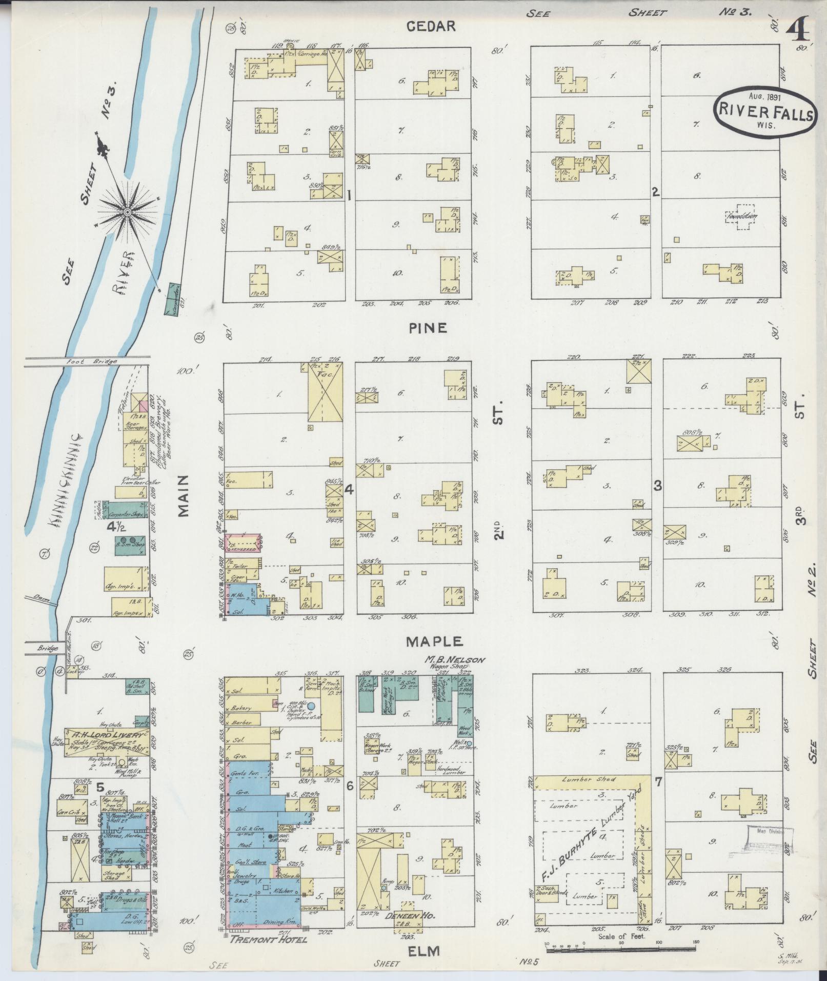 Sanborn Fire Insurance Map from River Falls, St. Croix and Pierce Counties, Wisconsin (1891), Sheet #0004 - Historic Sanborn Fire Insurance Map Print, vintage old map wall art, antique decor, genealogy gift, Wisconsin Wisconsin map