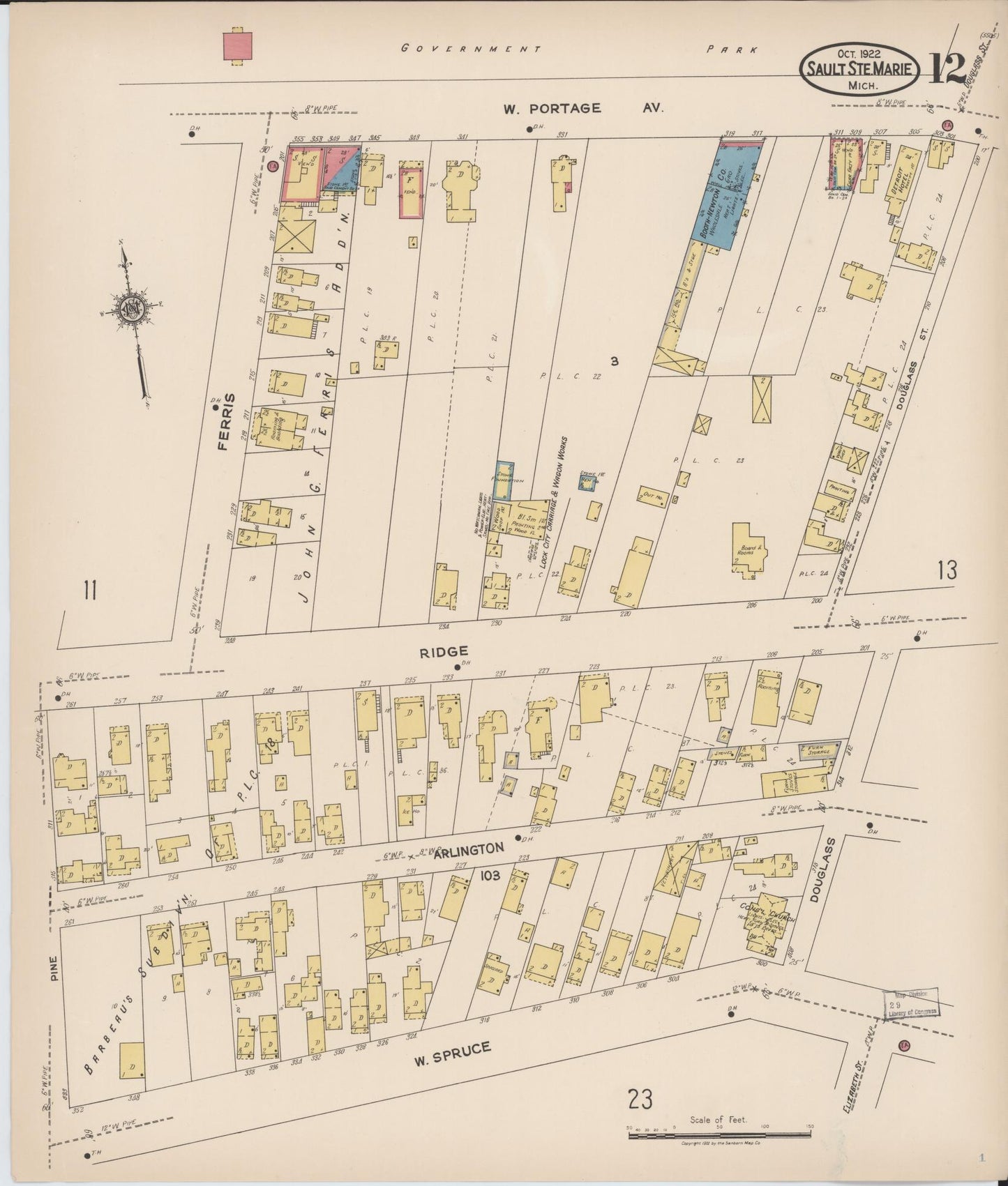 Sanborn Fire Insurance Map from Sault Sainte Marie, Chippewa County, Michigan (1922), Sheet #0012 - Complete Map Set gallery image, historic Sanborn map, vintage wall art, Michigan Michigan