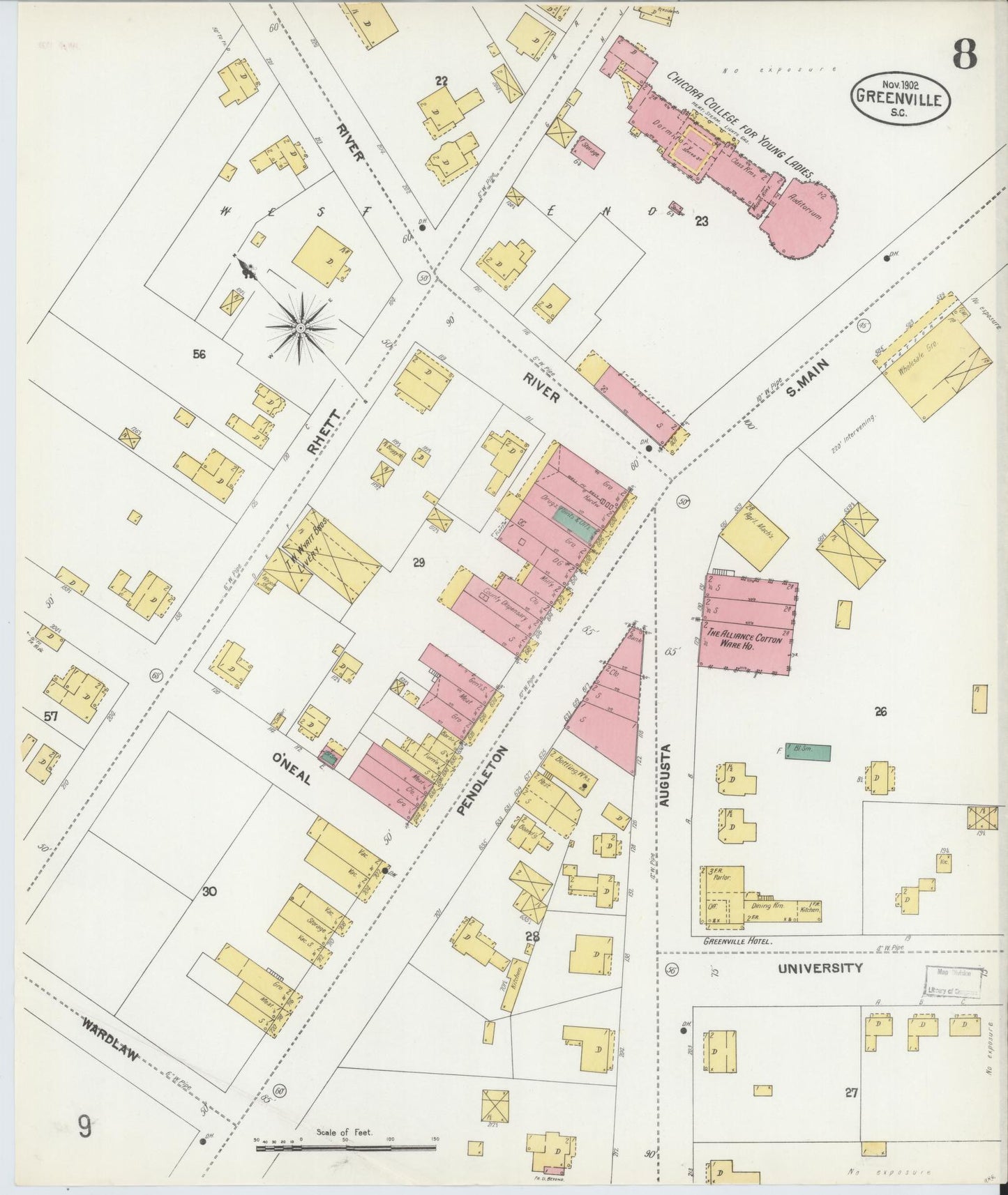 Sanborn Fire Insurance Map from Greenville, Greenville County, South Carolina (1902), Sheet #0008 - Complete Map Set gallery image, historic Sanborn map, vintage wall art, South Carolina South Carolina