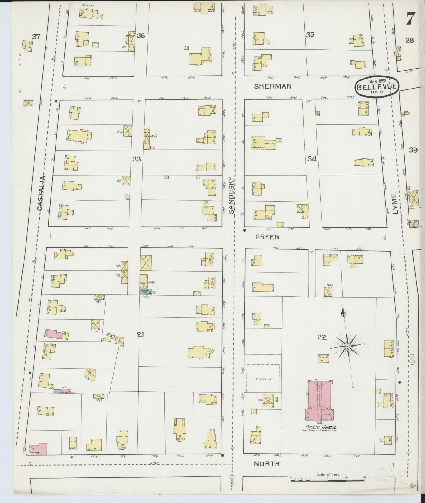Sanborn Fire Insurance Map from Bellevue, Huron And Sandusky County, Ohio (1893), Sheet #0007 - Historic Sanborn Fire Insurance Map Print, vintage old map wall art, antique decor, genealogy gift, Ohio Ohio map