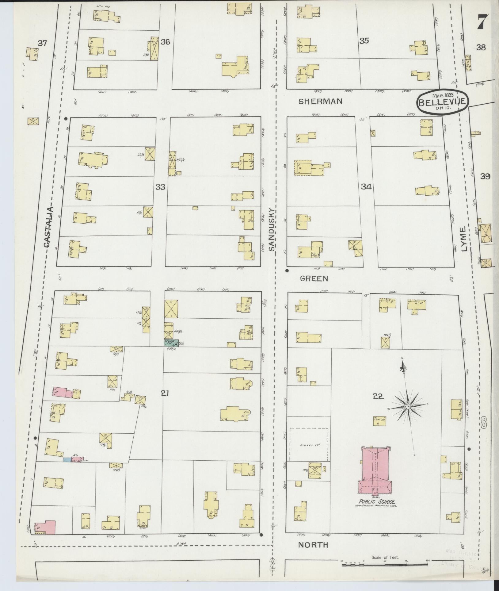 Sanborn Fire Insurance Map from Bellevue, Huron And Sandusky County, Ohio (1893), Sheet #0007 - Historic Sanborn Fire Insurance Map Print, vintage old map wall art, antique decor, genealogy gift, Ohio Ohio map