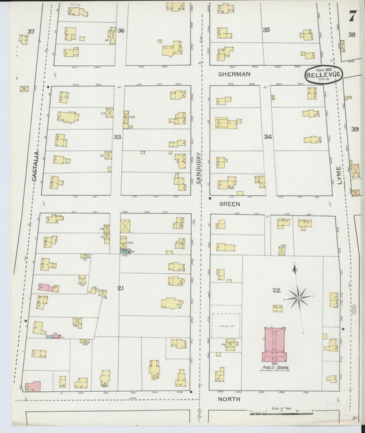 Sanborn Fire Insurance Map from Bellevue, Huron And Sandusky County, Ohio (1893), Sheet #0007 - Historic Sanborn Fire Insurance Map Print, vintage old map wall art, antique decor, genealogy gift, Ohio Ohio map