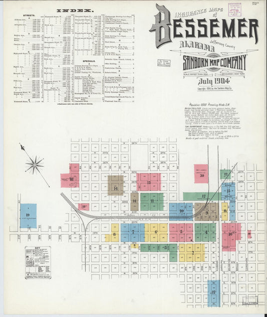 Sanborn Fire Insurance Map from Bessemer, Jefferson County, Alabama (1904), Sheet #0001 - Historic Sanborn Fire Insurance Map Print, vintage old map wall art, antique decor, genealogy gift, Alabama Alabama map