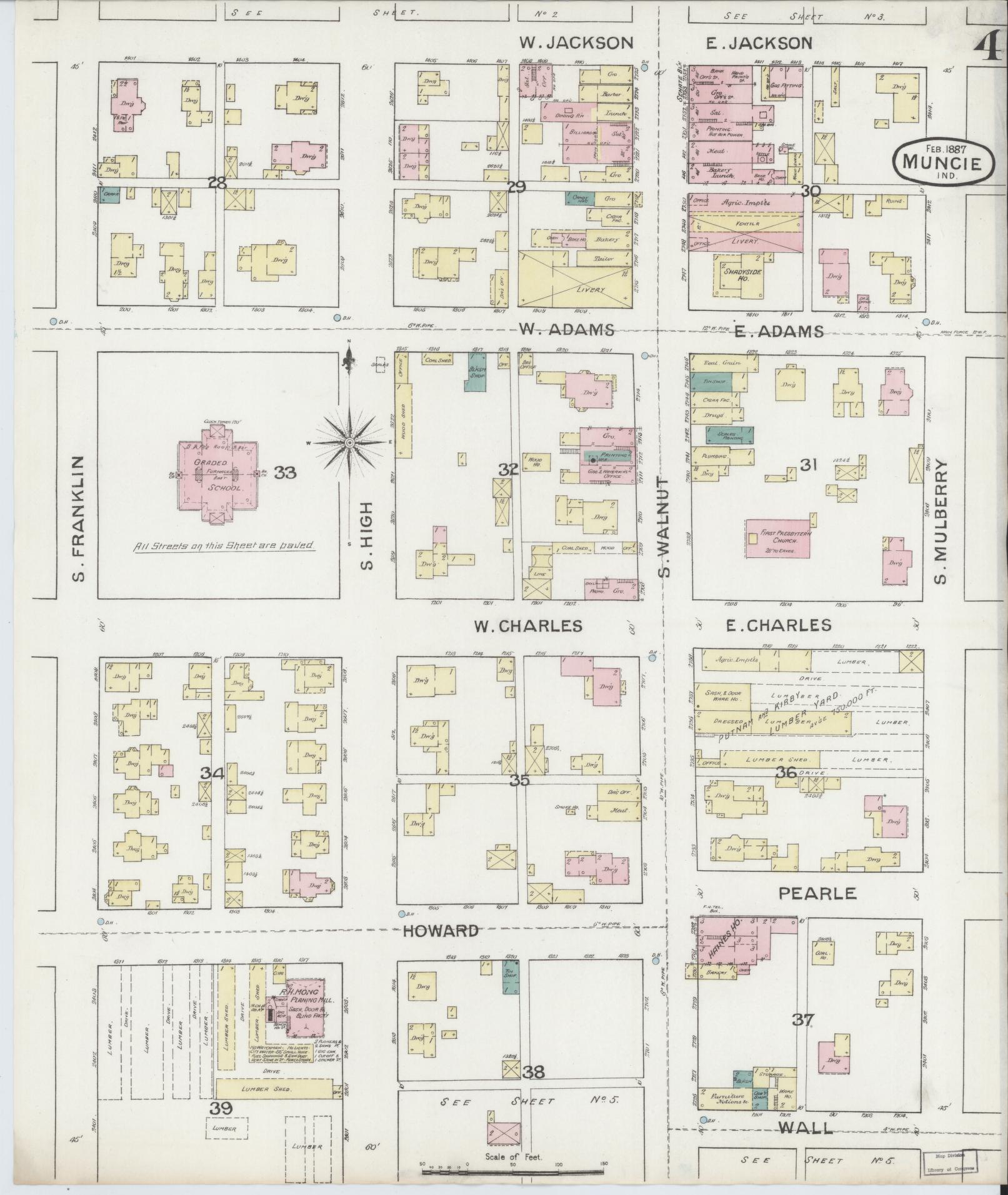 Sanborn Fire Insurance Map from Muncie, Delaware County, Indiana (1887), Sheet #0004 - Historic Sanborn Fire Insurance Map Print, vintage old map wall art, antique decor, genealogy gift, Muncie Delaware map