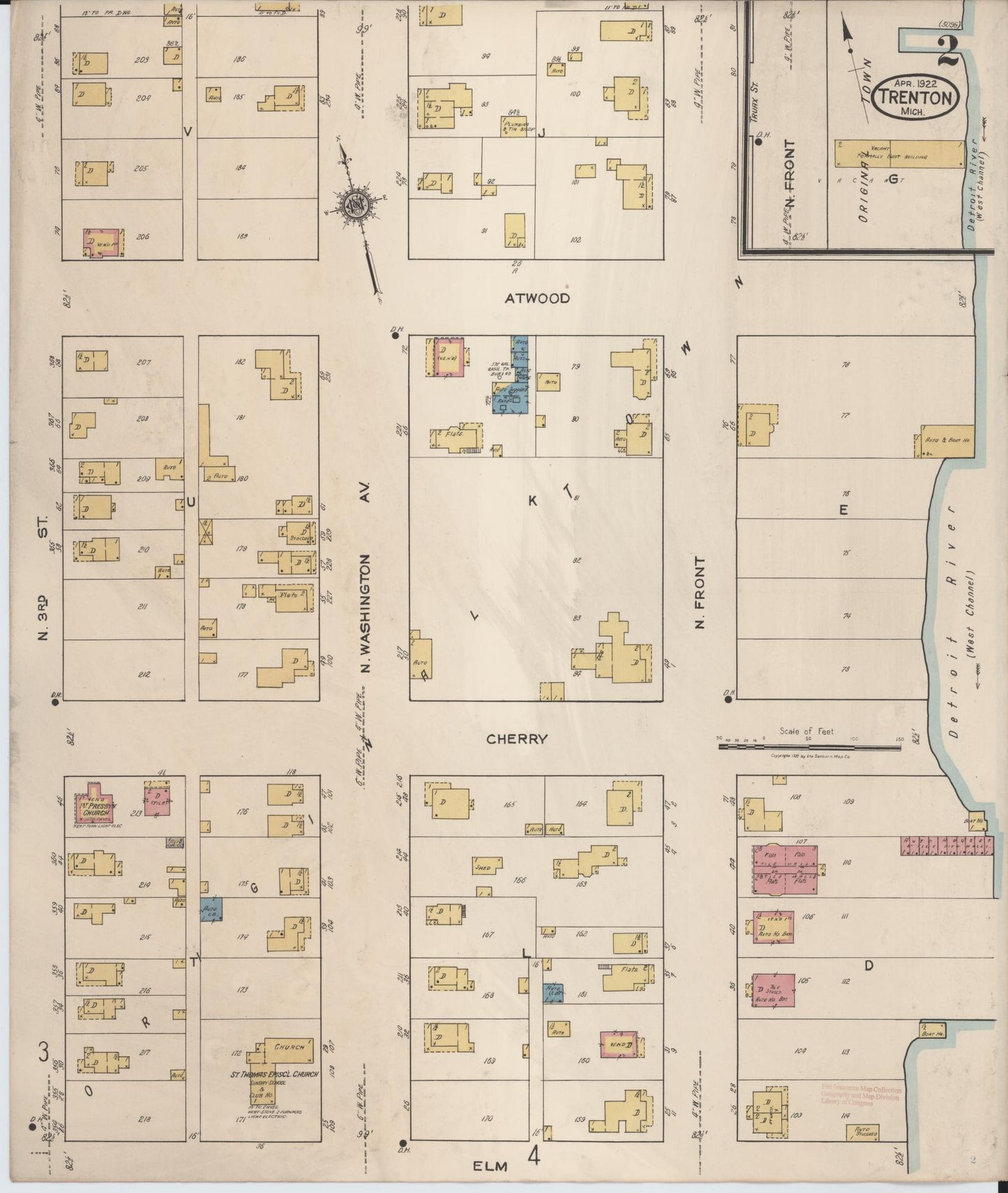 Sanborn Fire Insurance Map from Trenton, Wayne County, Michigan (1922), Sheet #0002 - Historic Sanborn Fire Insurance Map Print, vintage old map wall art, antique decor, genealogy gift, Michigan Michigan map