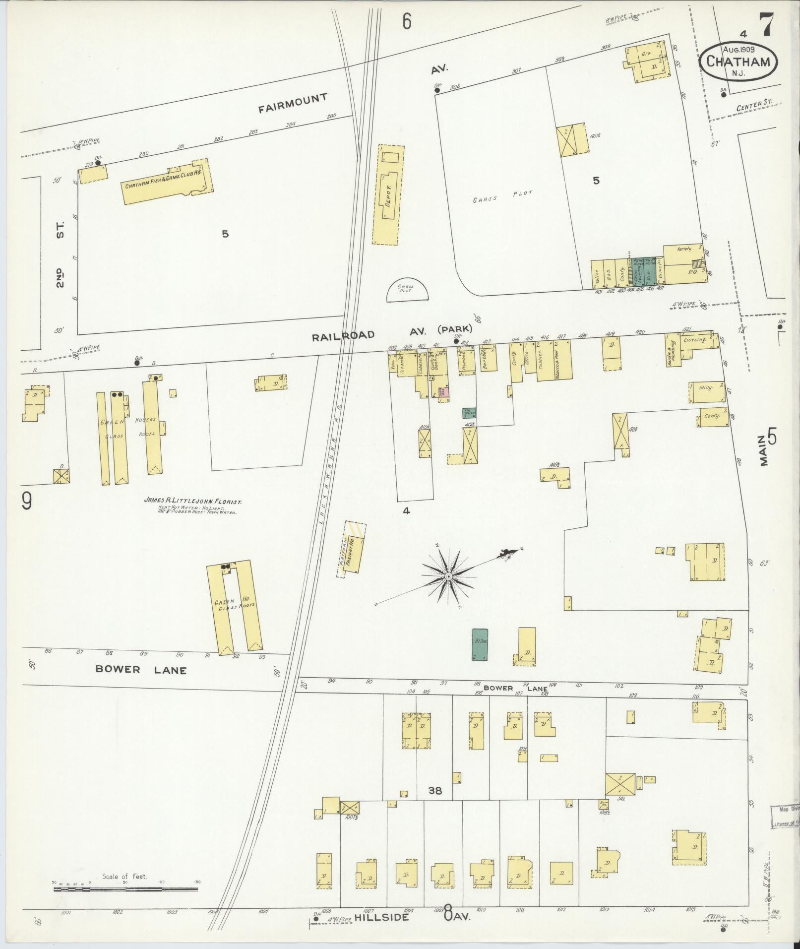 Sanborn Fire Insurance Map from Chatham, Morris County, New Jersey (1909), Sheet #0007 - Historic Sanborn Fire Insurance Map Print, vintage old map wall art, antique decor, genealogy gift, New Jersey New Jersey map