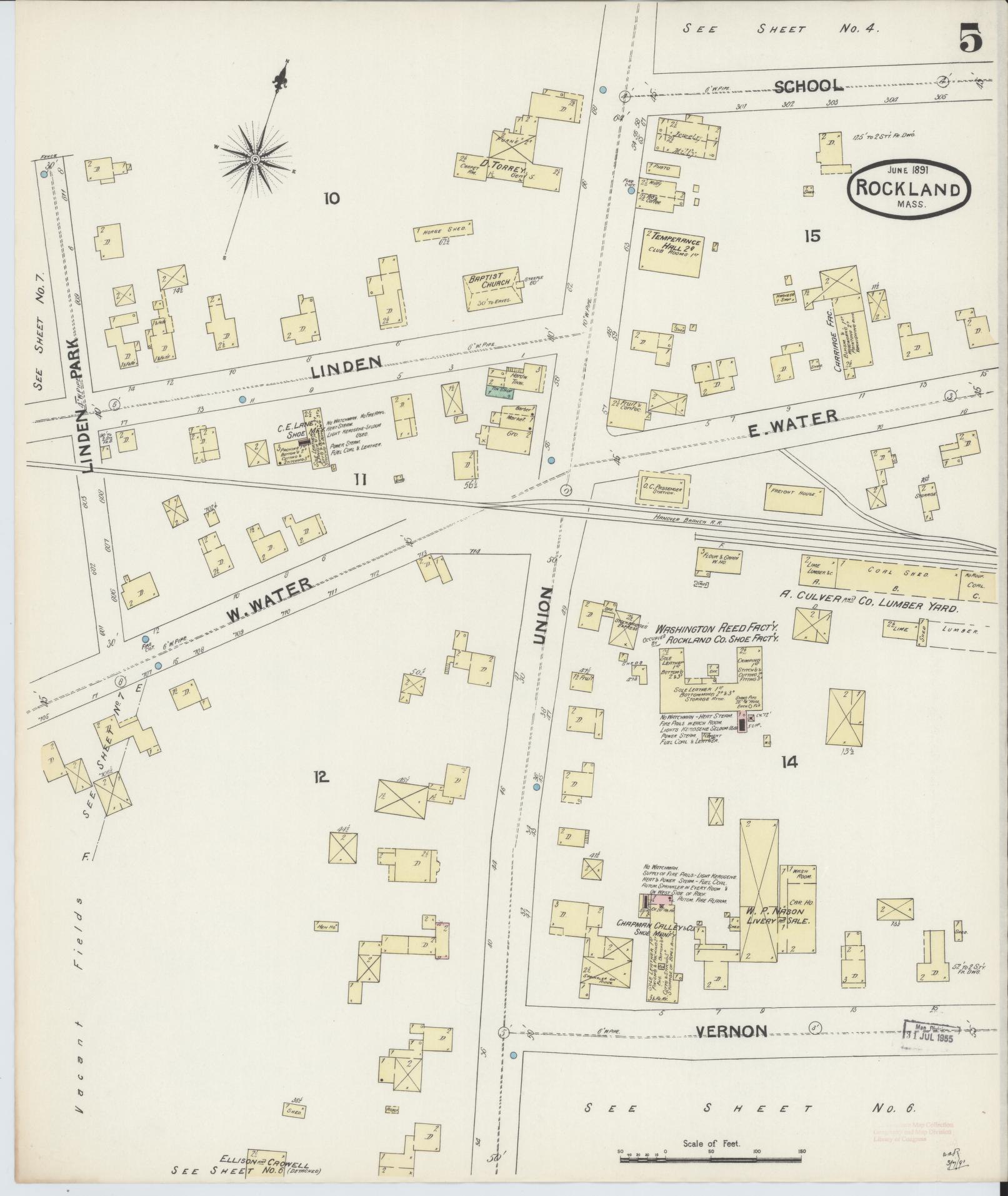 Sanborn Fire Insurance Map from Rockland, Plymouth County, Massachusetts (1891), Sheet #0005 - Complete Map Set gallery image, historic Sanborn map, vintage wall art, Massachusetts Massachusetts