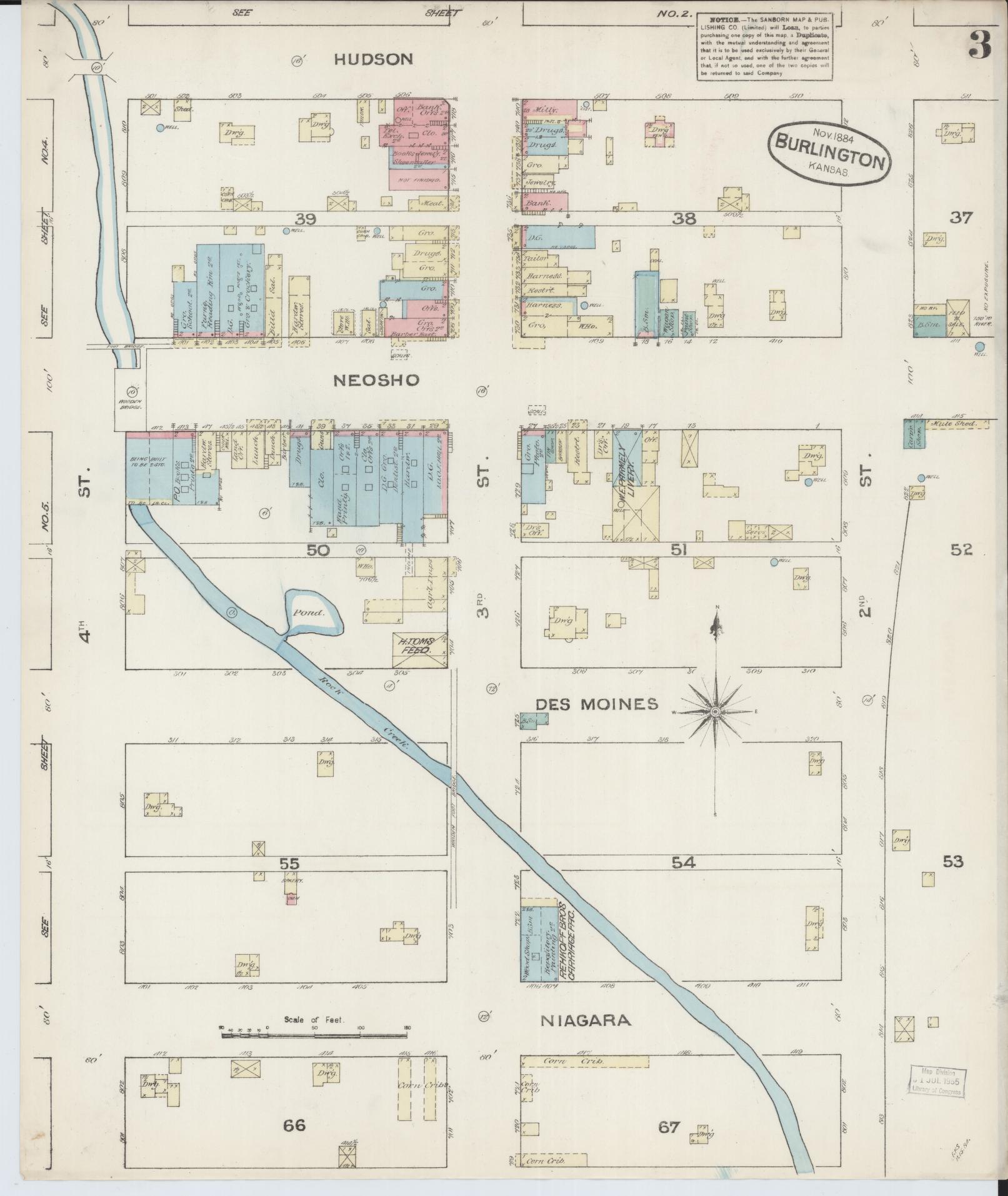 Sanborn Fire Insurance Map from Burlington, Coffey County, Kansas (1884), Sheet #0003 - Complete Map Set gallery image, historic Sanborn map, vintage wall art, Kansas Kansas
