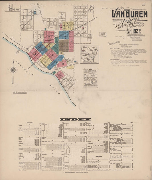 Sanborn Fire Insurance Map from Van Buren, Crawford County, Arkansas (1922), Sheet #0001 - Complete Map Set gallery image, historic Sanborn map, vintage wall art, Arkansas Arkansas