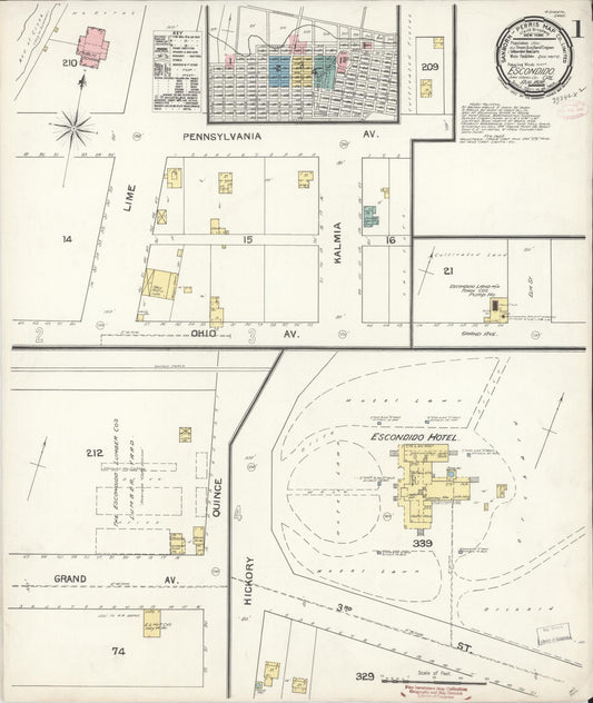 Sanborn Fire Insurance Map from Escondido, San Diego County, California (1892), Sheet #0001 - Historic Sanborn Fire Insurance Map Print, vintage old map wall art, antique decor, genealogy gift, California California map