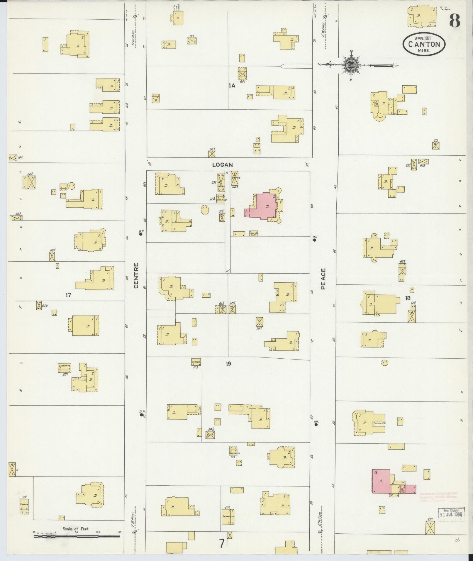 Sanborn Fire Insurance Map from Canton, Madison County, Mississippi (1911), Sheet #0008 - Historic Sanborn Fire Insurance Map Print, vintage old map wall art, antique decor, genealogy gift, Mississippi Mississippi map