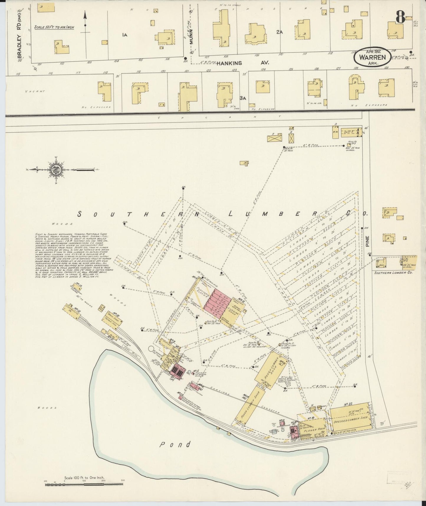 Sanborn Fire Insurance Map from Warren, Bradley County, Arkansas (1912), Sheet #0008 - Historic Sanborn Fire Insurance Map Print, vintage old map wall art, antique decor, genealogy gift, Arkansas Arkansas map