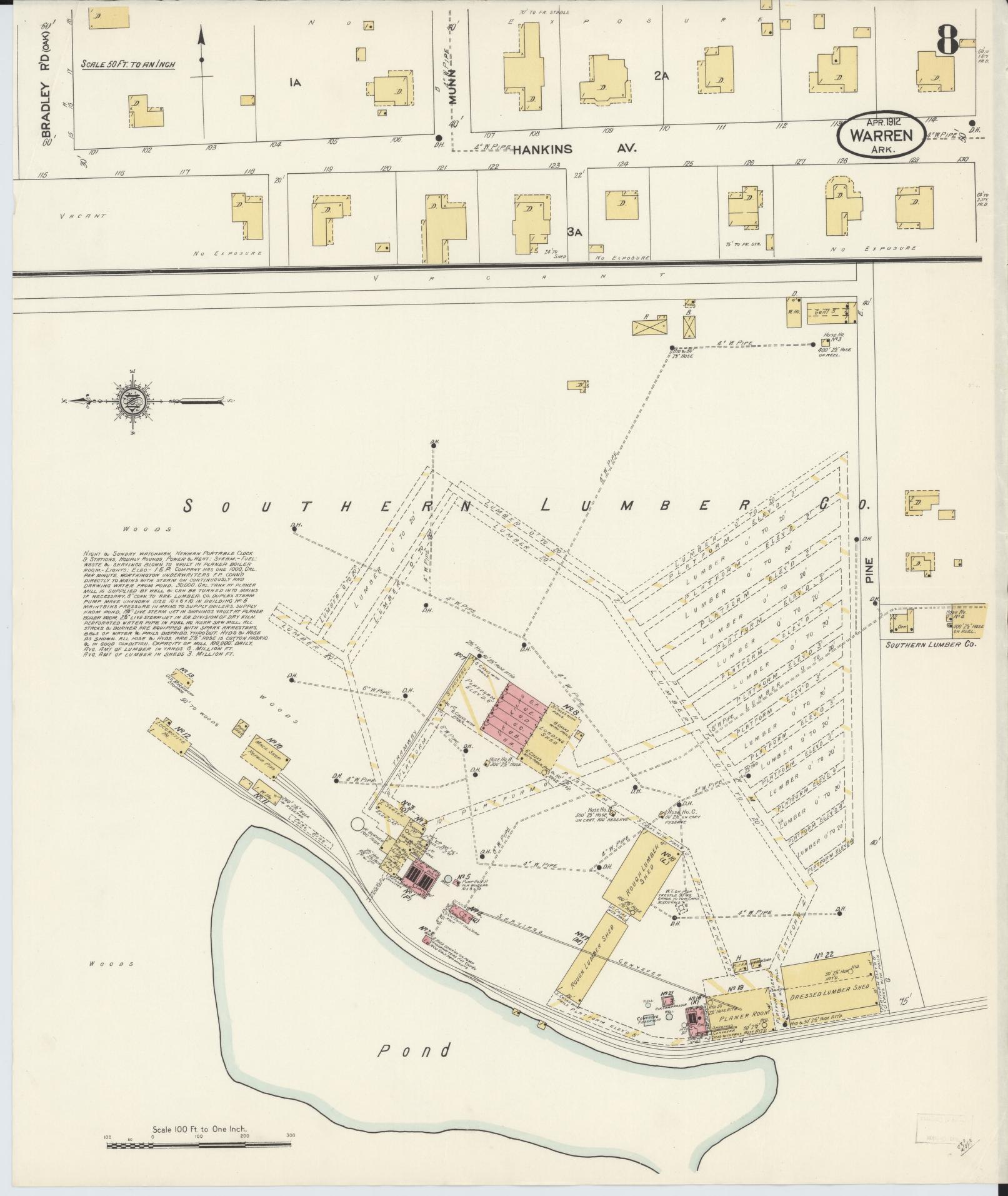 Sanborn Fire Insurance Map from Warren, Bradley County, Arkansas (1912), Sheet #0008 - Historic Sanborn Fire Insurance Map Print, vintage old map wall art, antique decor, genealogy gift, Arkansas Arkansas map