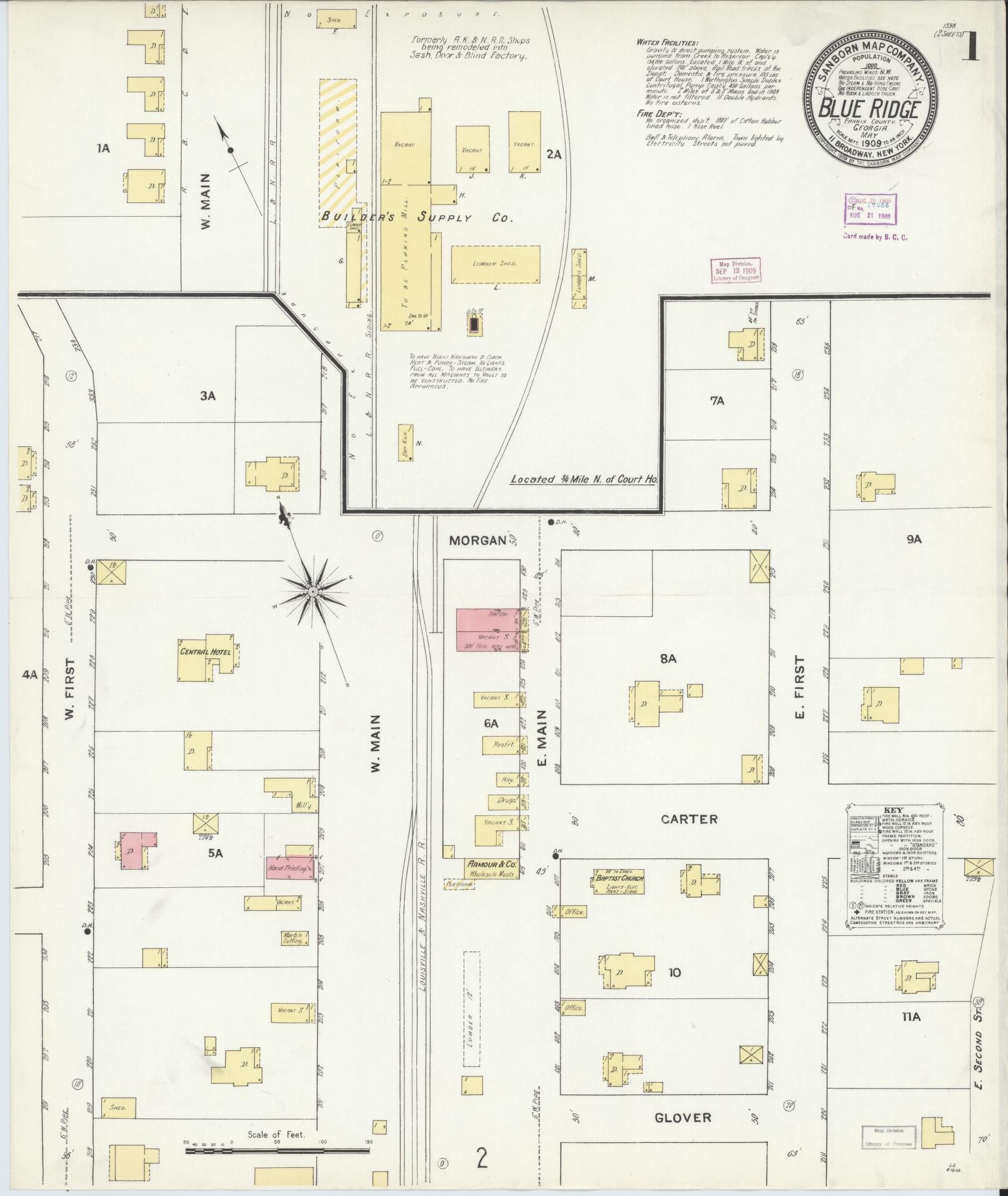 Sanborn Fire Insurance Map from Blue Ridge, Fannin County, Georgia (1909), Sheet #0001 - Complete Map Set gallery image, historic Sanborn map, vintage wall art, Georgia Georgia