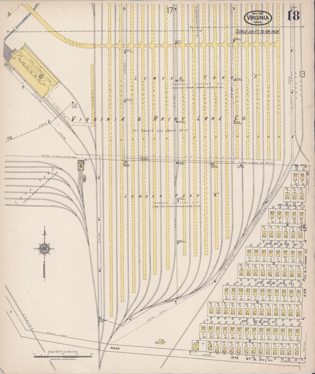 Sanborn Fire Insurance Map from Virginia, Saint Louis County, Minnesota (1921), Sheet #0018 - Historic Sanborn Fire Insurance Map Print, vintage old map wall art, antique decor, genealogy gift, Minnesota Minnesota map