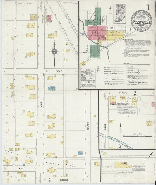 Sanborn Fire Insurance Map from Russiaville, Howard County, Indiana (1913), Sheet #0001 - Historic Sanborn Fire Insurance Map Print, vintage old map wall art, antique decor, genealogy gift, Indiana Indiana map