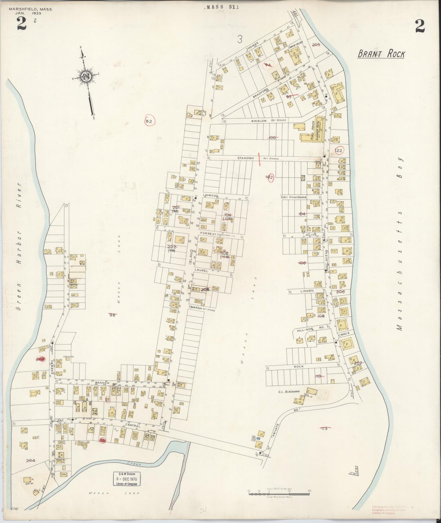Sanborn Fire Insurance Map from Marshfield, Plymouth County, Massachusetts (1942), Sheet #0002 - Historic Sanborn Fire Insurance Map Print, vintage old map wall art, antique decor, genealogy gift, Massachusetts Massachusetts map