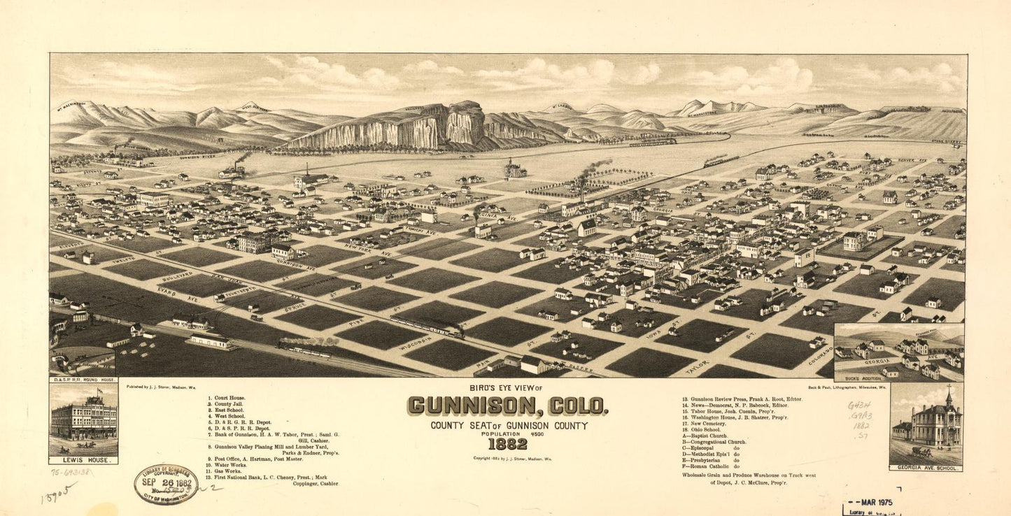 Bird's eye view of Gunnison, Colo. county seat of Gunnison County, 1882. (1882) – Historic Bird’s-Eye View Panorama Print