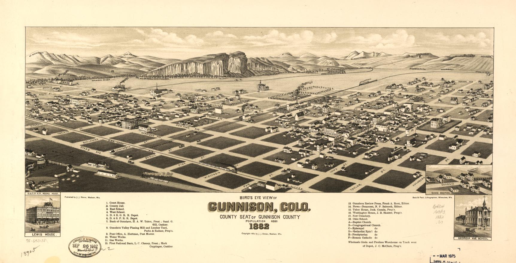 Bird's eye view of Gunnison, Colo. county seat of Gunnison County, 1882. (1882) – Historic Bird’s-Eye View Panorama Print