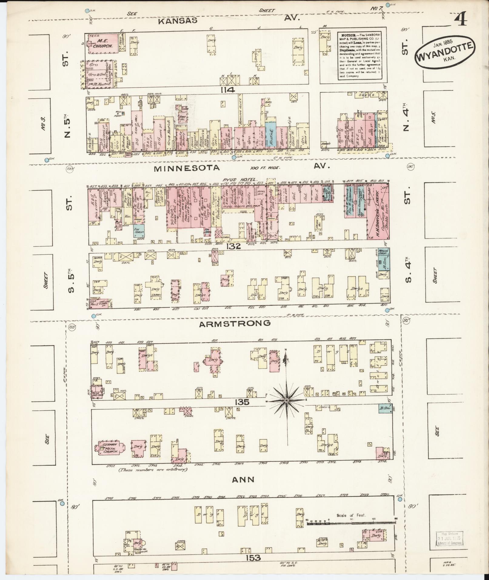 Sanborn Fire Insurance Map from Wyandotte, Wyandotte County, Kansas (1885), Sheet #0004 - Historic Sanborn Fire Insurance Map Print, vintage old map wall art, antique decor, genealogy gift, Kansas Kansas map