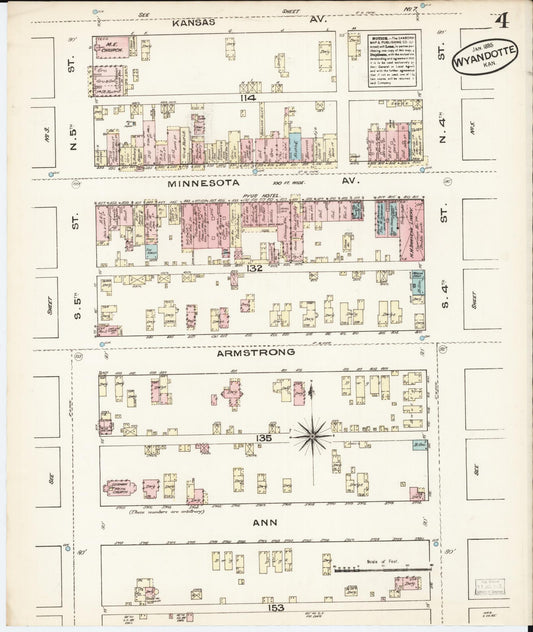 Sanborn Fire Insurance Map from Wyandotte, Wyandotte County, Kansas (1885), Sheet #0004 - Historic Sanborn Fire Insurance Map Print, vintage old map wall art, antique decor, genealogy gift, Kansas Kansas map