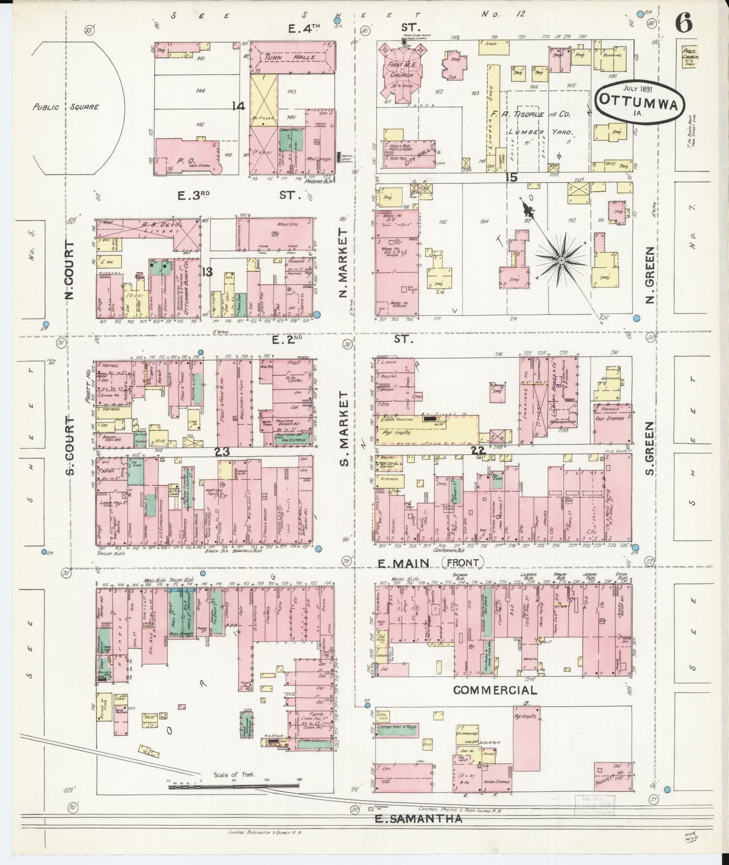 Sanborn Fire Insurance Map from Ottumwa, Wapello County, Iowa (1891), Sheet #0006 - Historic Sanborn Fire Insurance Map Print, vintage old map wall art