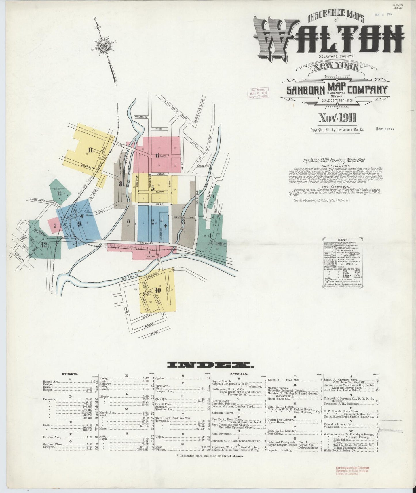 Sanborn Fire Insurance Map from Walton, Delaware County, New York (1911), Sheet #0001 - Complete Map Set gallery image, historic Sanborn map, vintage wall art, Walton Delaware