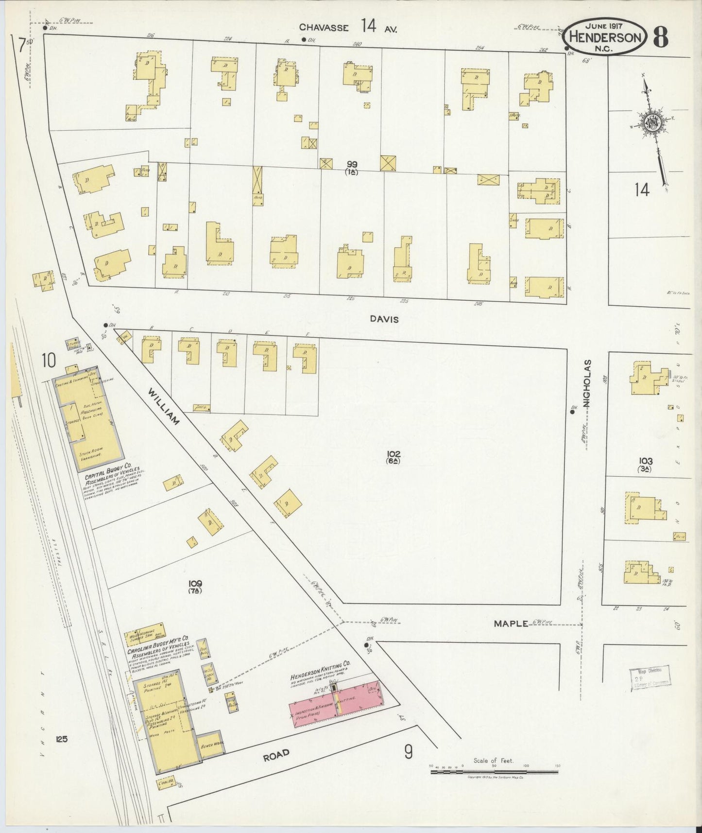 Sanborn Fire Insurance Map from Henderson, Vance County, North Carolina (1917), Sheet #0008 - Complete Map Set gallery image, historic Sanborn map, vintage wall art, North Carolina North Carolina