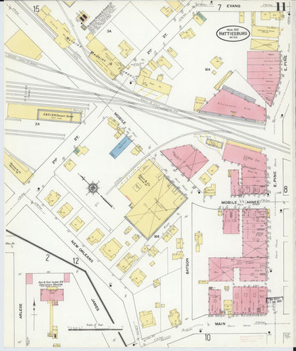 Sanborn Fire Insurance Map from Hattiesburg, Forrest County, Mississippi (1910), Sheet #0011 - Complete Map Set gallery image, historic Sanborn map, vintage wall art, Mississippi Mississippi