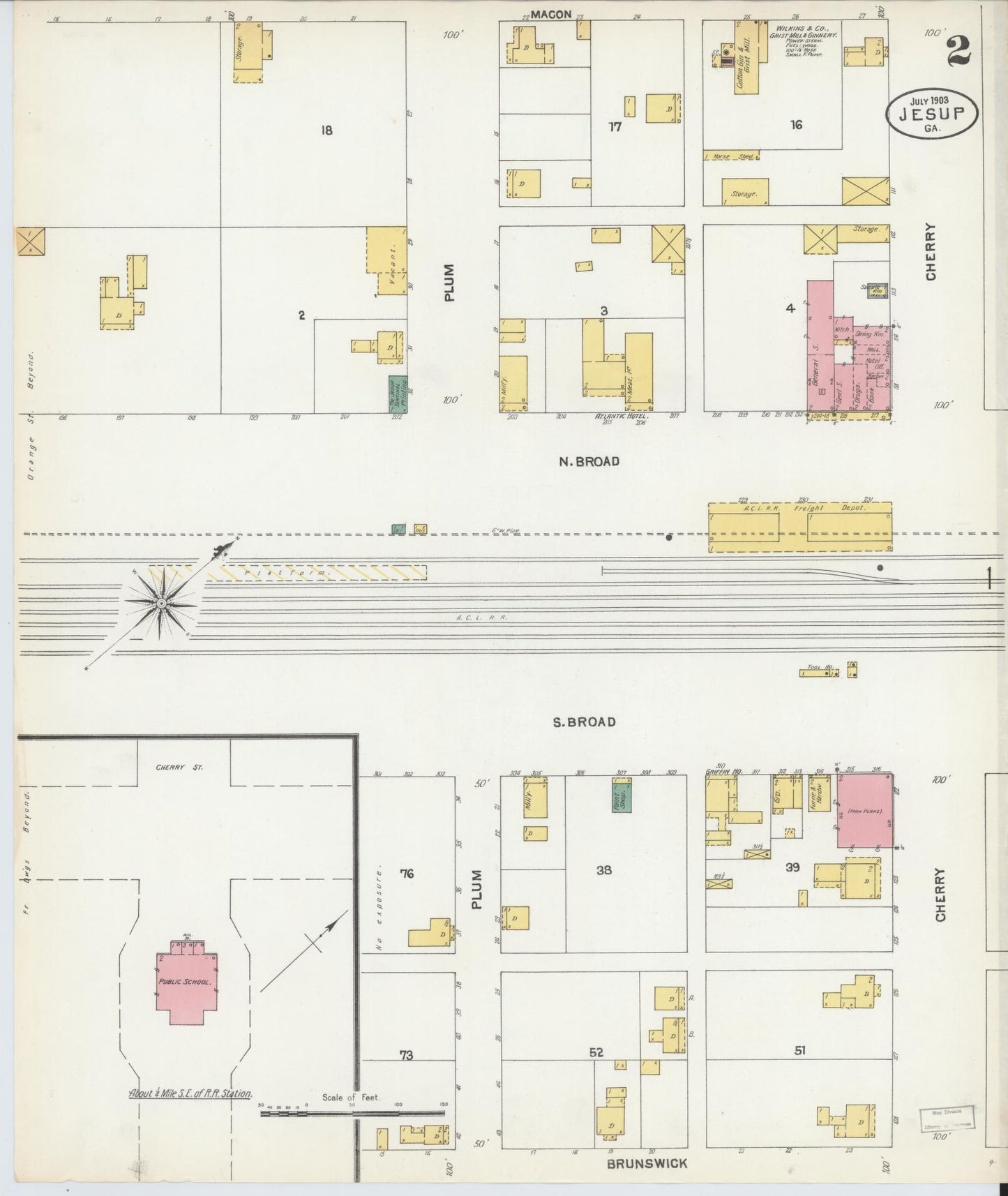 Sanborn Fire Insurance Map from Jesup, Wayne County, Georgia (1903), Sheet #0002 - Historic Sanborn Fire Insurance Map Print, vintage old map wall art, antique decor, genealogy gift, Georgia Georgia map