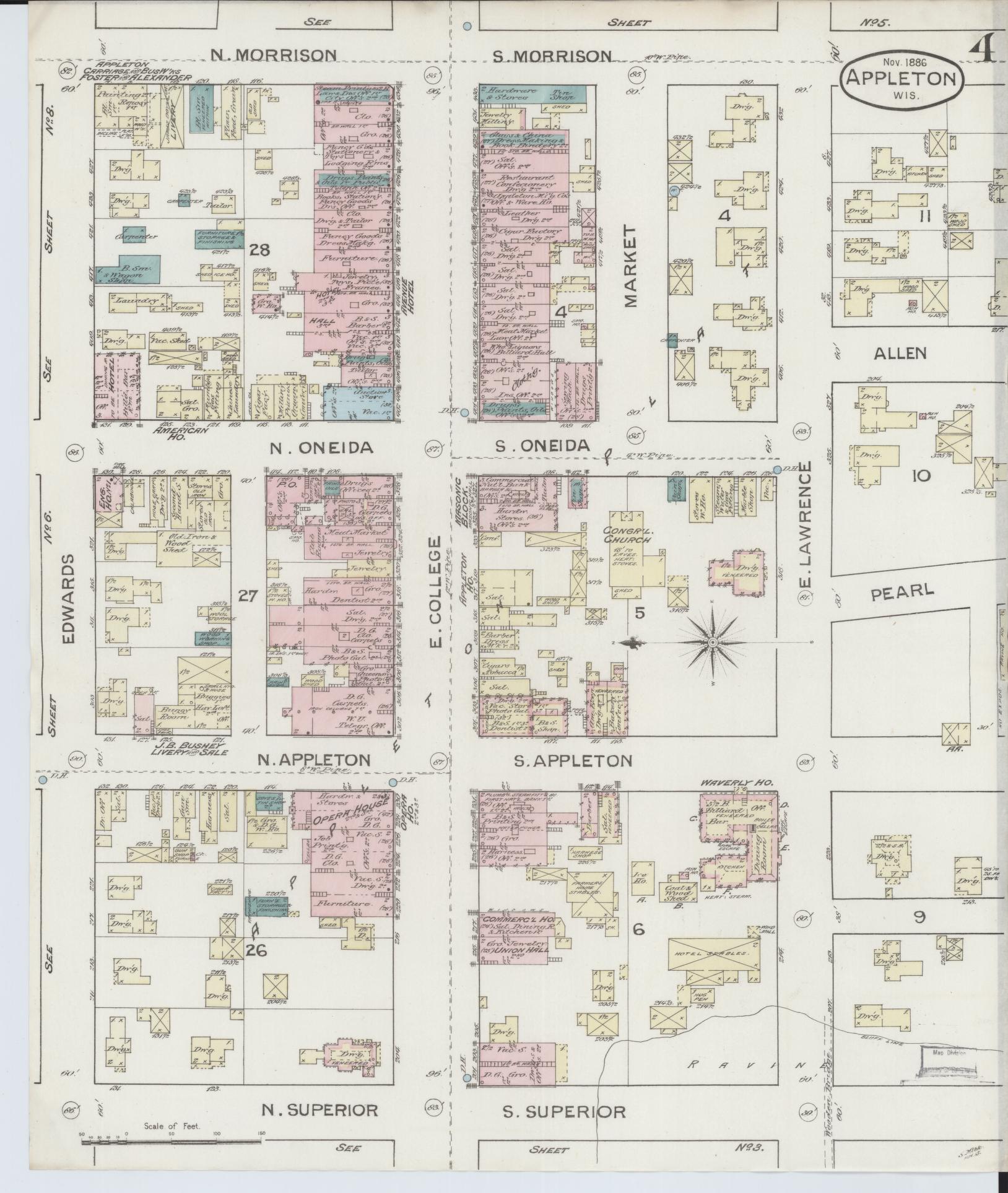 Sanborn Fire Insurance Map from Appleton, Outagamie County, Wisconsin (1886), Sheet #0004 - Complete Map Set gallery image, historic Sanborn map, vintage wall art, Wisconsin Wisconsin