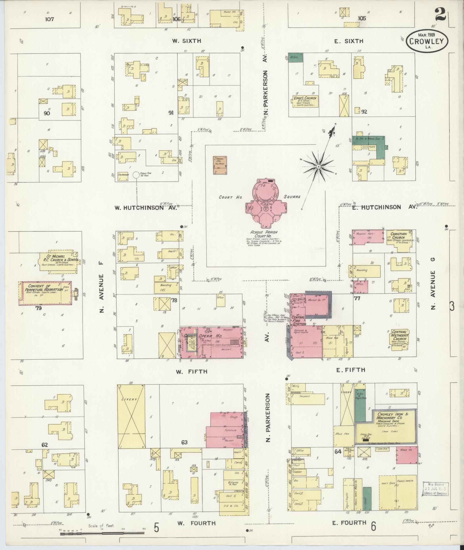 Sanborn Fire Insurance Map from Crowley, Acadia Parish, Louisiana (1909), Sheet #0002 - Historic Sanborn Fire Insurance Map Print, vintage old map wall art, antique decor, genealogy gift, Louisiana Louisiana map